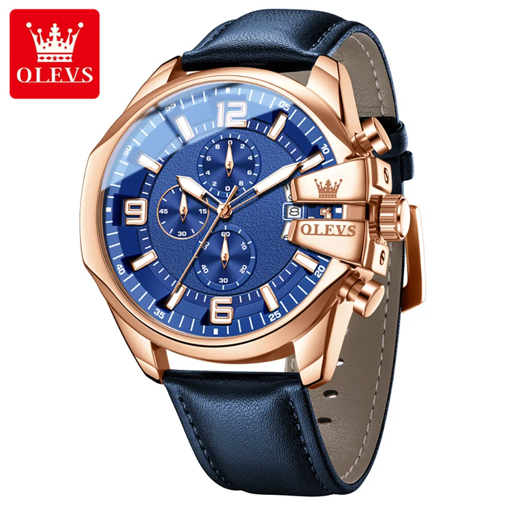 

OLEVS Top Brand Men Multifunctional Quartz Watch Leather Strap Waterproof Super Luminous Sport Business Male Wristwatch 2978