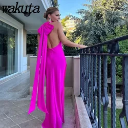 Wakuta Sexy Off Shoulder Bowknot Lace Up Maxi Dress Elegant Backless Sleeveless Floor Length Robe 2024 Lady Evening Prom Vestido