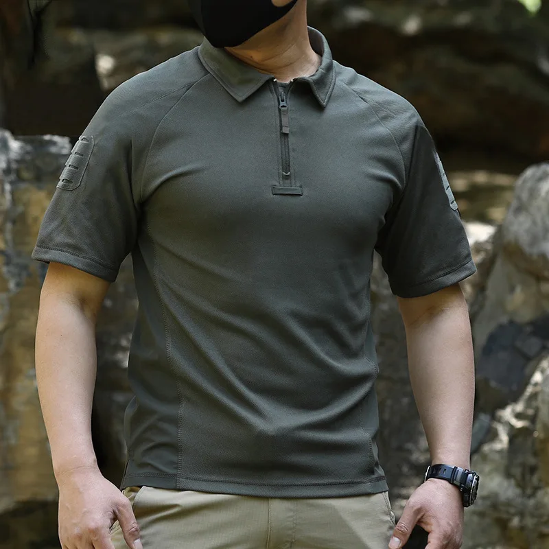 2026 Spring Summer New Men Slim Fit Solid Color Sports Breathable Short Sleeve Outdoor Training Khaki