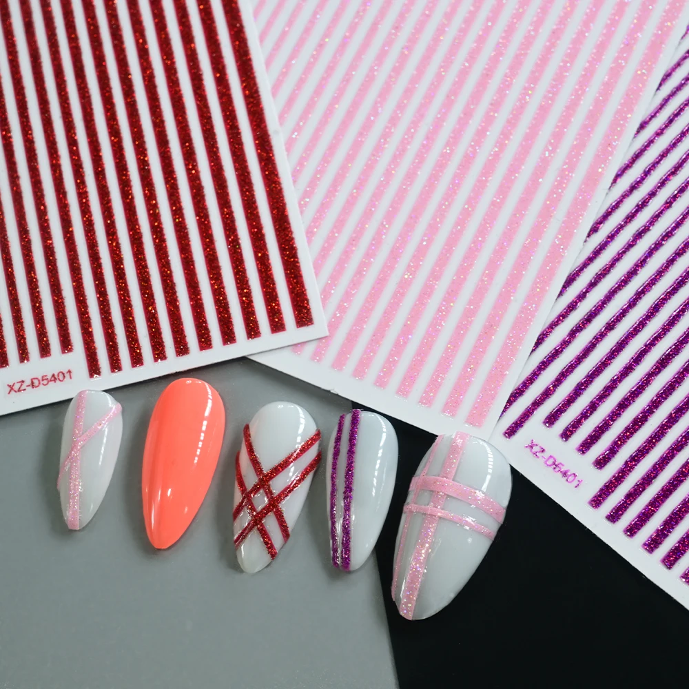 8 stks Kleurrijke Glitter Lijnen Streep Nail Sticker Decal Holografische Franse Metalen Streep Nagels Slider 3D Zelfklevende Nail Sticker