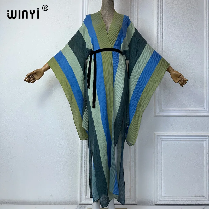 

WINYI summer outfit kimono Pleated striped printed cardigan Beach Wear Swim Suit Cover Up Holiday beach maxi dress fashion coat