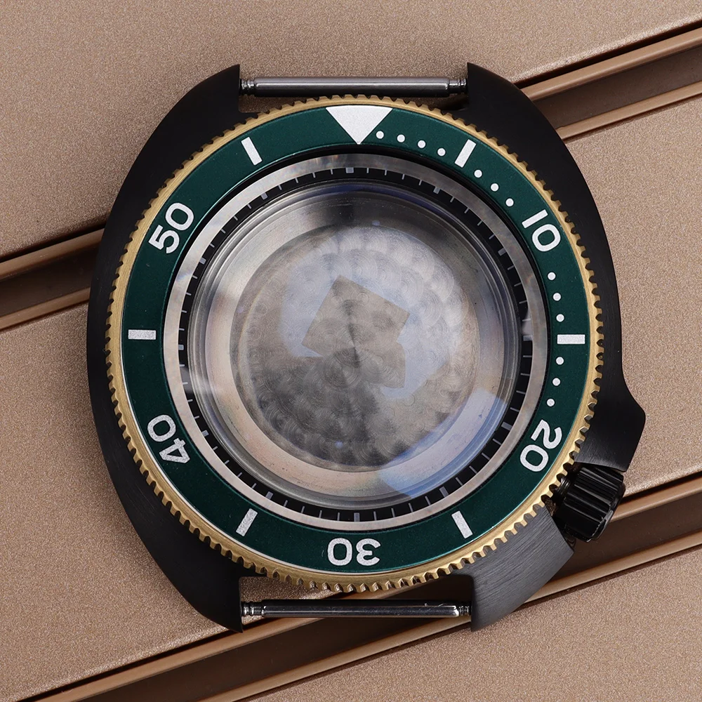 44mm Men Diver Watch Case Black Gold Sapphire Crystal For Turtle Abalone 6105 NH35 NH36 4R35 36 Movement 28.5mm Dial 4.1 Oclock