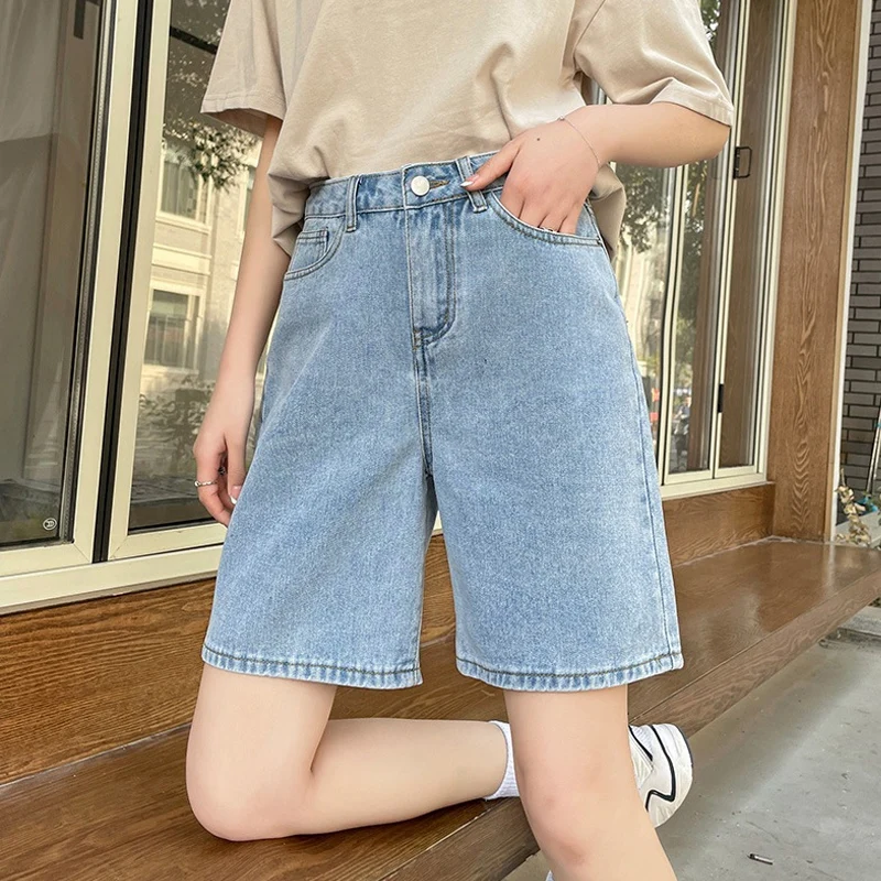 Koreaanse Stijl Klassiek Denim Shorts Vrouwen Zomer Blauwe Hoge Taille Shorts Wijde Pijpen Streetwear Stright Jeans Dames Shorts