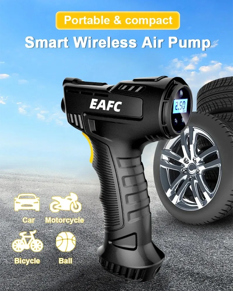 EAFC 120 W tragbarer Luftkompressor, kabellose aufblasbare Pumpe, tragbare Luftpumpe, Reifenfüller für Auto, Fahrrad, Bälle, Motorrad, LED-Leuchten, UBS-Ladegerät – Detail 1