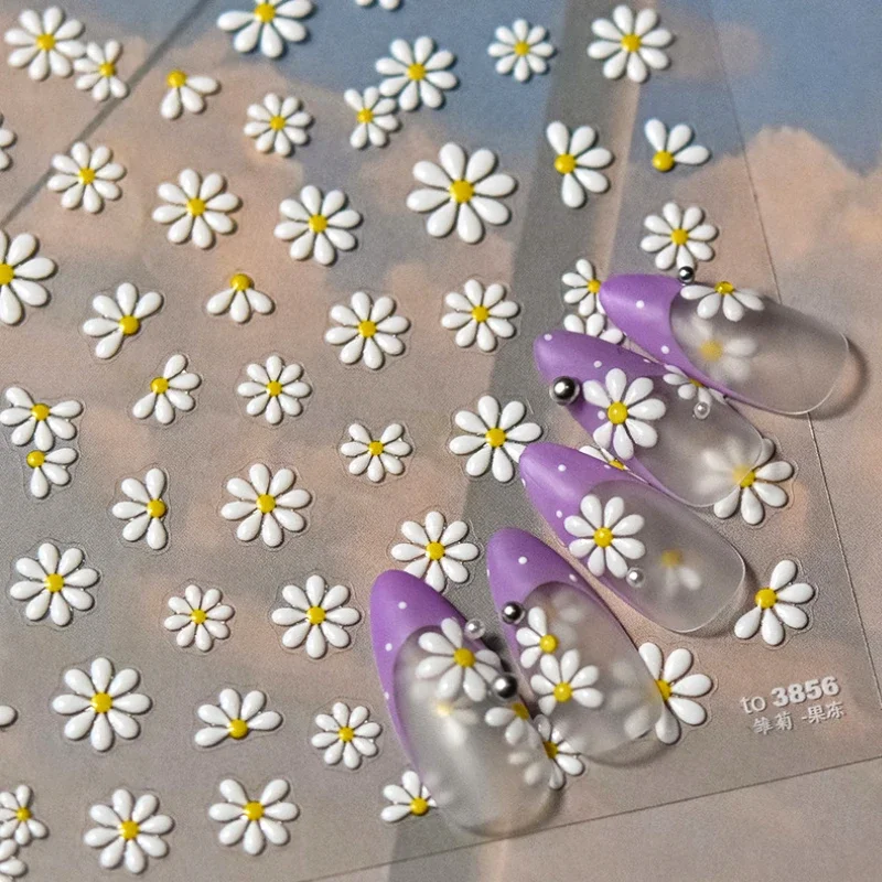 Lovely Jelly White Daisy Flower Peach Blossom Colorful Rhinestones 3D Self Adhesive Nail Art Decoration Stickers Manicure Decals