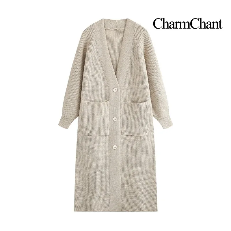 CHARMCHANT Women's Knit Trench Coat V Neck Long Cardigan Style Button Front Patch Pocket Loose Maxi Fall Winter 2026