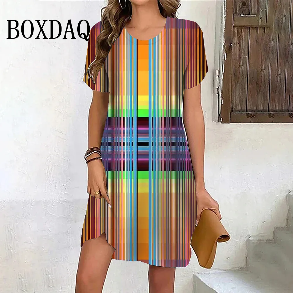 Fashion Women Colorful Gradient Striped Dresses For Summer 2024 Plus Size New Dress Casual Short Sleeve 3D Print A-Line Dresses