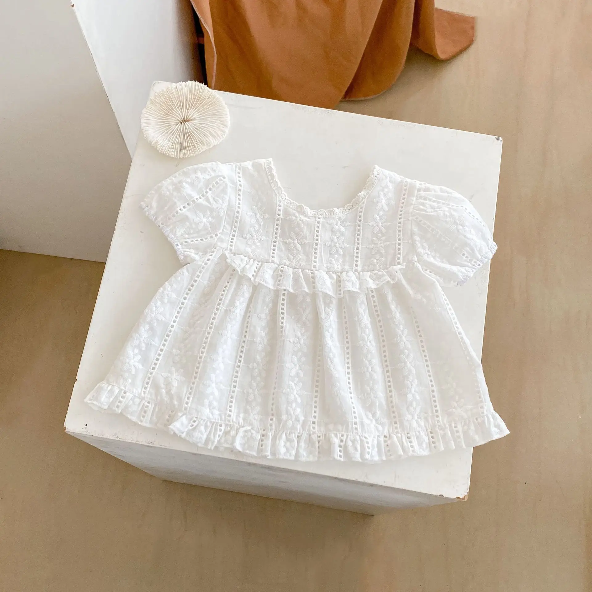 Summer New Baby Girl Cute Lace Embroidered Solid Countryside, Cute, Trendy Short sleeved Top+Triangle Pants Set