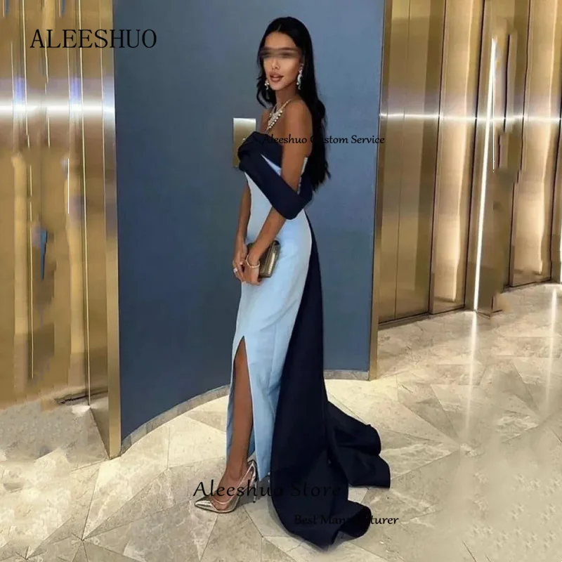 Elegant Blue Long Pleated Evening Dresses Off The Shoulder Satin Mermaid Sexy Formal Dress Side Slit Floor Length Customized