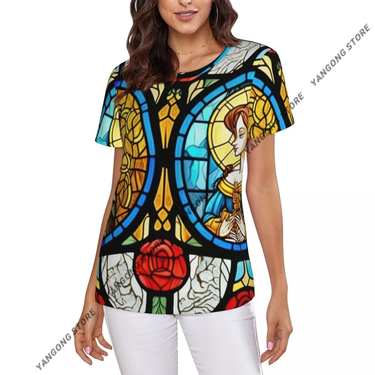 Womens Short Sleeve Beauty Beast Fairytale Glass Crossbody Casual Tee Clothing Crewneck Woman T-Shirts