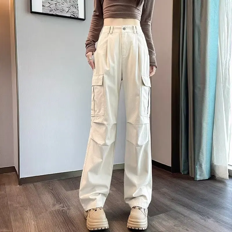 Ins Trendy American Straight Leg Casual Cargo Pants for Women Summer Autumn 2025 New Multi Pocket Narrow Version Wide Leg Pants