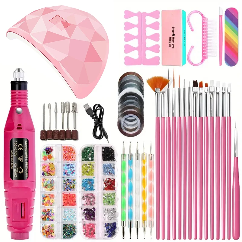 LINMANDA Manicure Set Nail Drill Machine With UV LED Nail Dryer Lamp Liner Brush Nail Charm Set Decor Diamond Nail Accessories