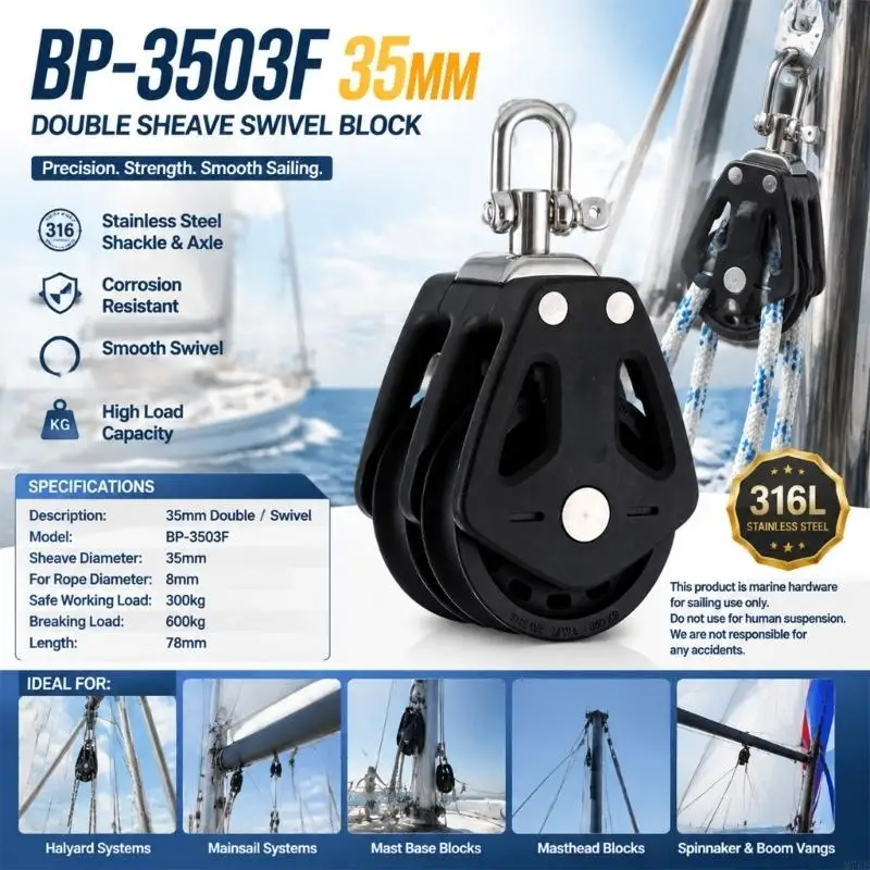 M76E Yacht-Rigging-Riemenscheibenblock für Steuerleinensysteme, doppelscheibige Marine-Hardware mit 35-mm-Rädern, leichtgängigem – Detail 9