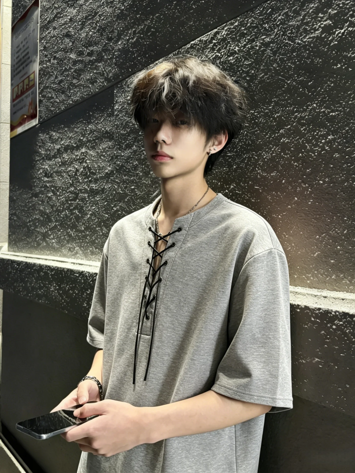 

Men's Summer Thin Short Sleeve T-Shirt V-Neck Hollow Design Loose Fit Comfortable Breathable Casual Style Five-Button Shoulder
