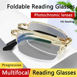 Photochromic Multifocal Folding Reading Glasses for Men,foldable Presbyopia Eyeglasses Portable Pocket Readers