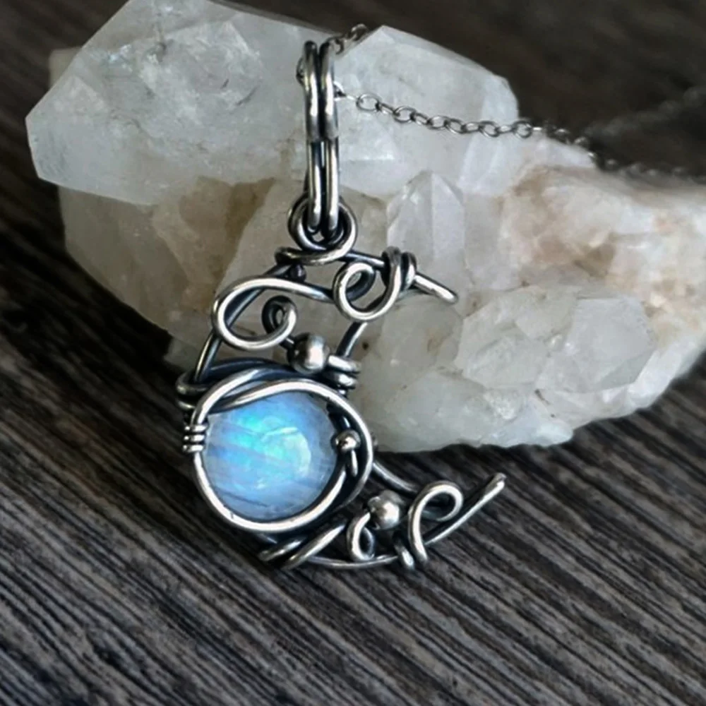 Künstlicher Mondstein, antiker Anhänger, Halskette, Edelsteine, Cabochon, Vintage-Boho-Mond-Halskette für Damen, Mädchen, Frauen, Geschenk – Detail 4
