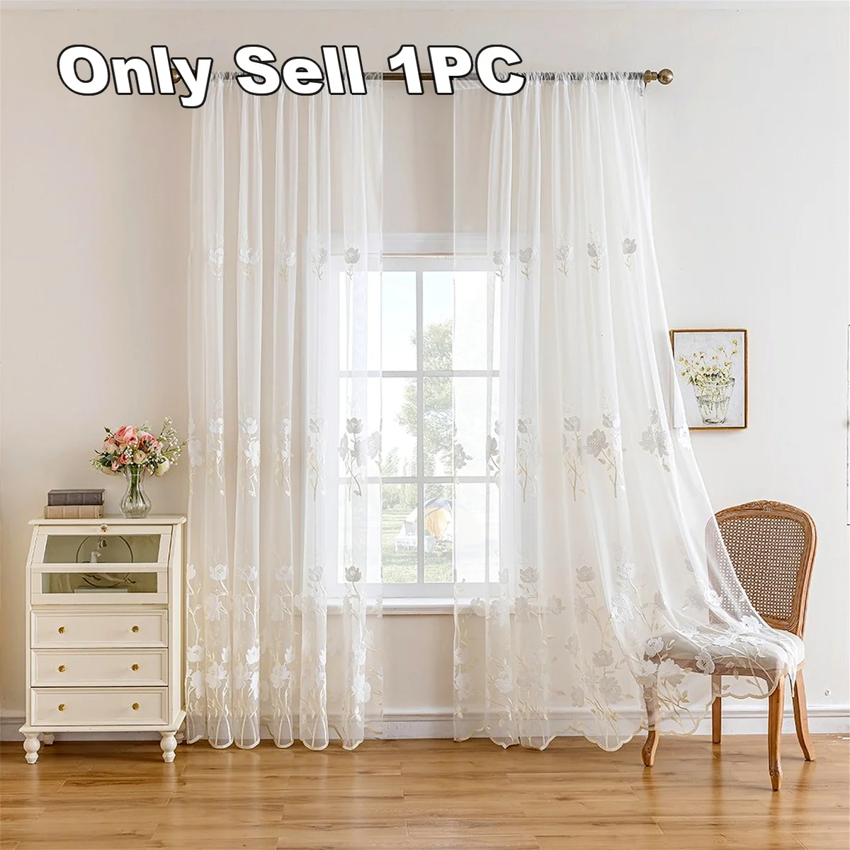 1PC Elegant French Style Floral Sheer Curtain Panel, Soft Semi-Transparent Design, Rod Pocket Installation, Bedroom, Living Room