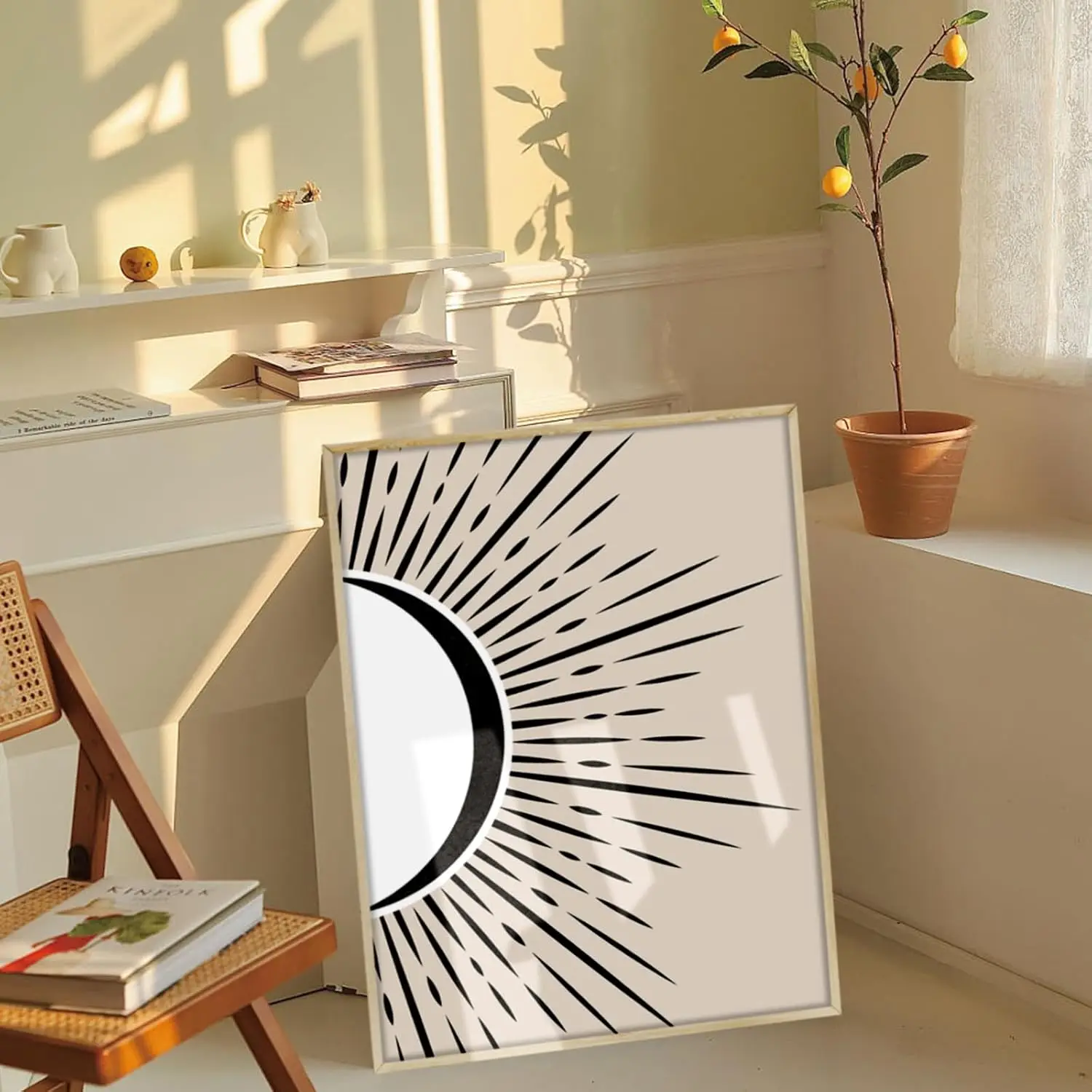 Serimino in bianco e nero Wall Art incorniciato, Boho Canvas Wall Art per soggiorno, Set di 2 stampe di pittura sole e luna per