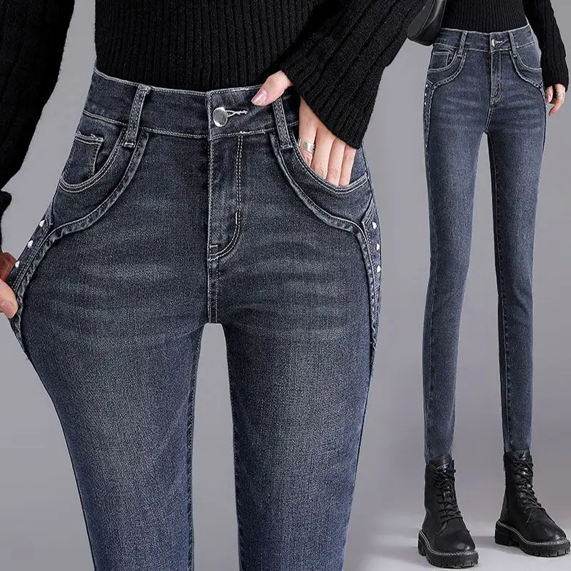 Jeggings de tamanho grande elásticos monocromáticos femininos, jeans falsos, apertados, perneiras de bolso sem costura, calça lápis macia, moda, XK121