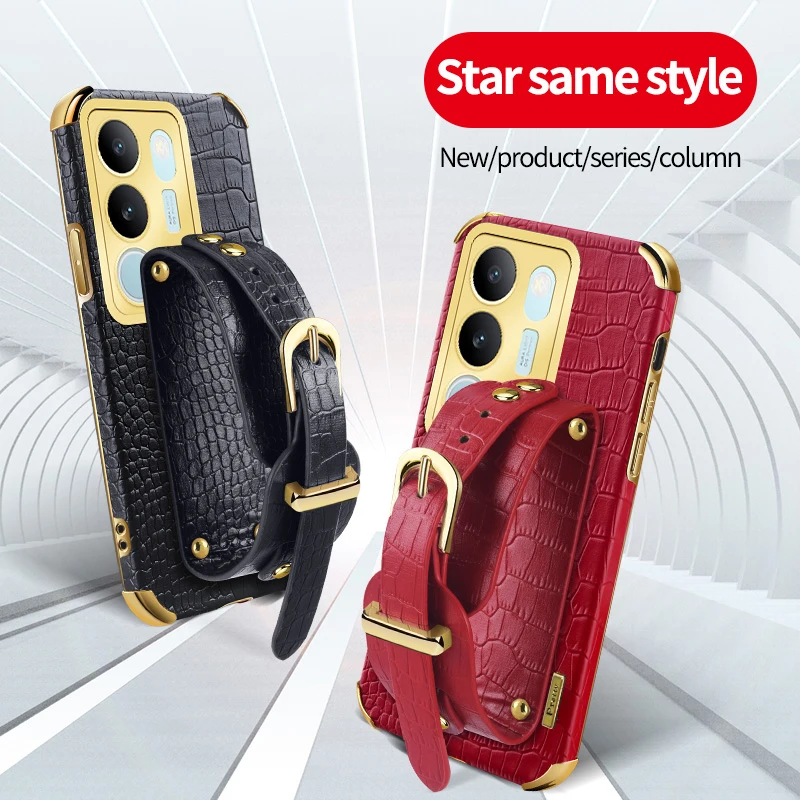 

Кожаный чехол для телефона с крокодиловым узором для Vivo V40 SE V27e V29 Lite V30 Pro 5G, силиконовый мягкий чехол с ремешком-подставкой