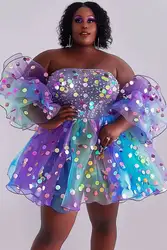 Plus Size Party Purple Off The Shoulder Puff Sleeve Short Sleeve Sequin Organza Mini Dresses