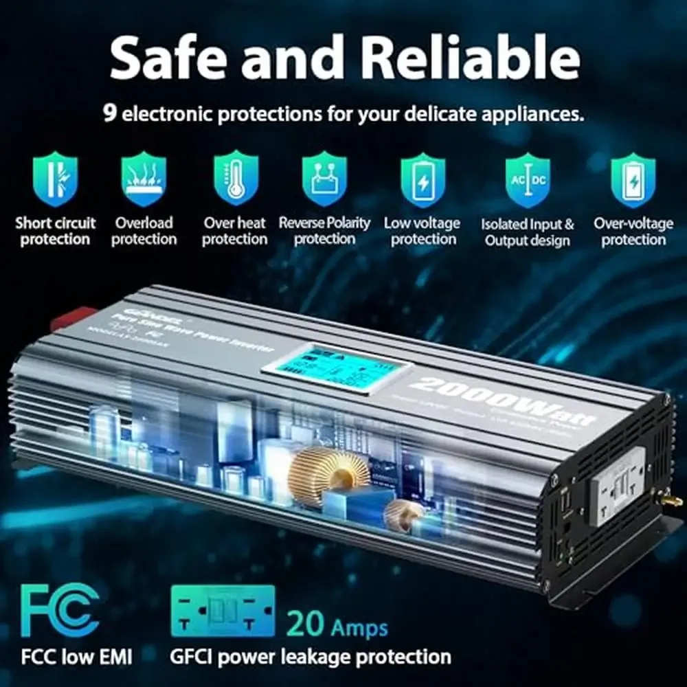 2000W Power Inverter Pure Sine Wave- UL Listed GFCI Outlets- RVs Cars Vessels Solar- FCC Approved- Remote Control- Big LCD