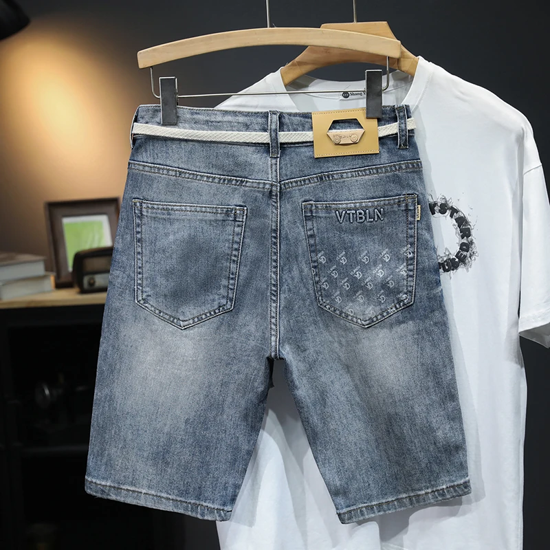 2024New Versatile Summer Thin High-End Denim Shorts Men's Stretch Casual Fashion Printing Loose Straight Fifth Pants