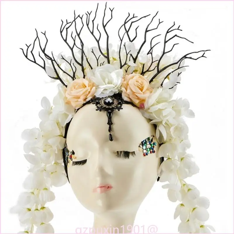 57qa Gothic Flower Horn Stirnband Schädel Cosplay Halloween Rollenspiele Kopfschmuck Proms Party Live Show Kopfbedeckung – Detail 2