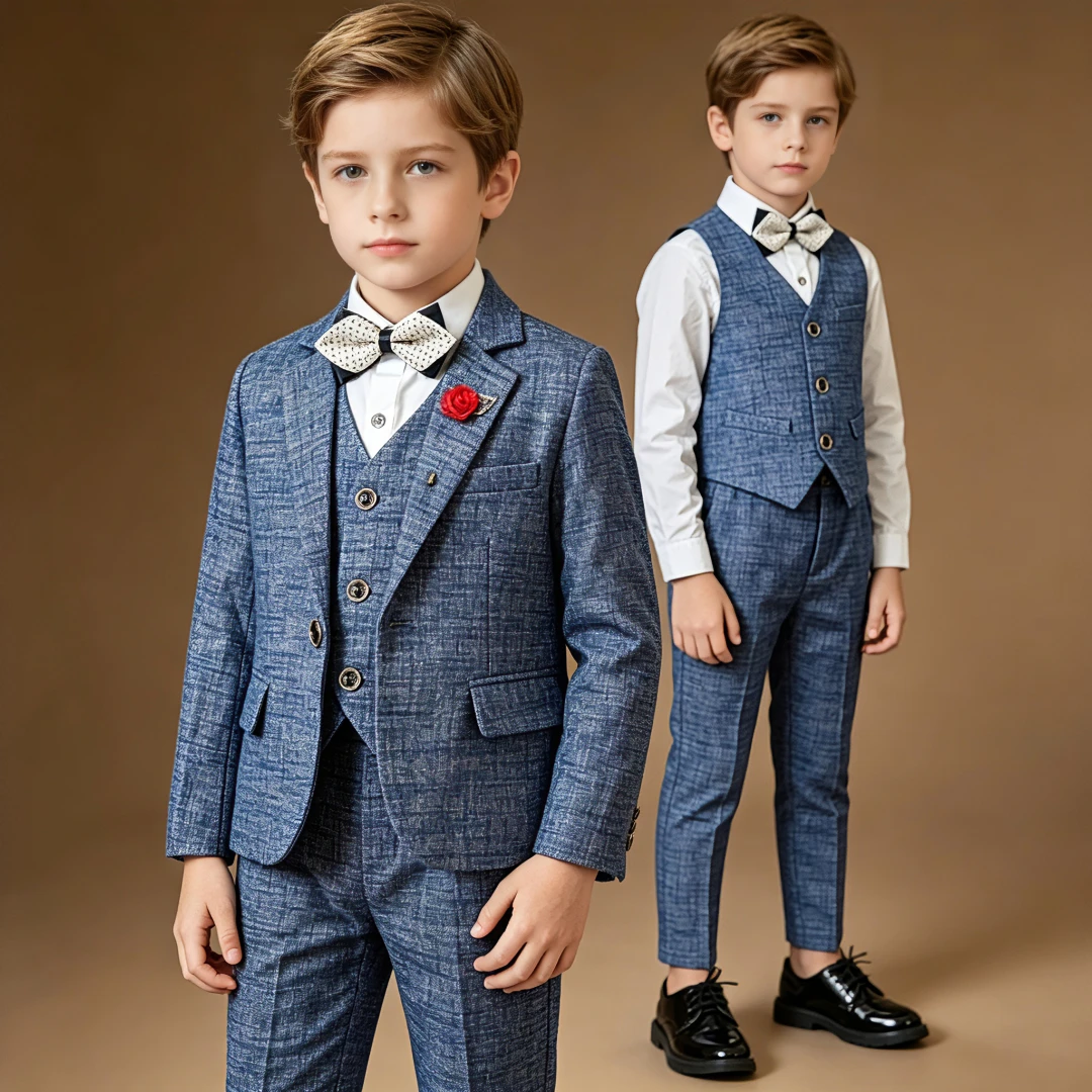 Teen Boys Blue Textured Suit Set Blazer Pants with Lapel Flower Bow Tie Kids Formal Wedding Party Stage Performance Wear 2-14Y