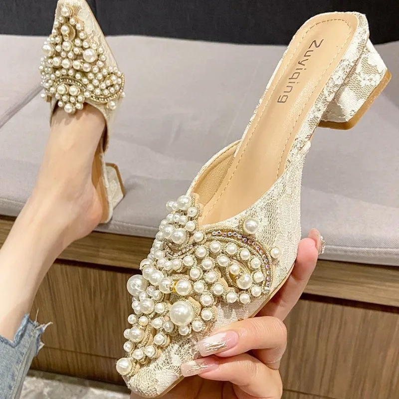 

2026 Elegant Pearl Decor Square Toe Slides Printed Jacquard Upper Low Chunky Heel High-end Style Footwear for Women's Slippers