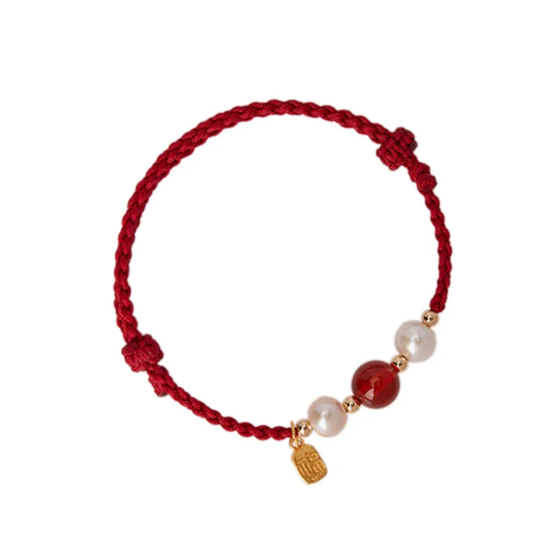 Good Luck Agate Beads and Pearl Bracelet for Women Hand-Woven Red String with Birth Year Fortune Charm Chinese Style Jewelry