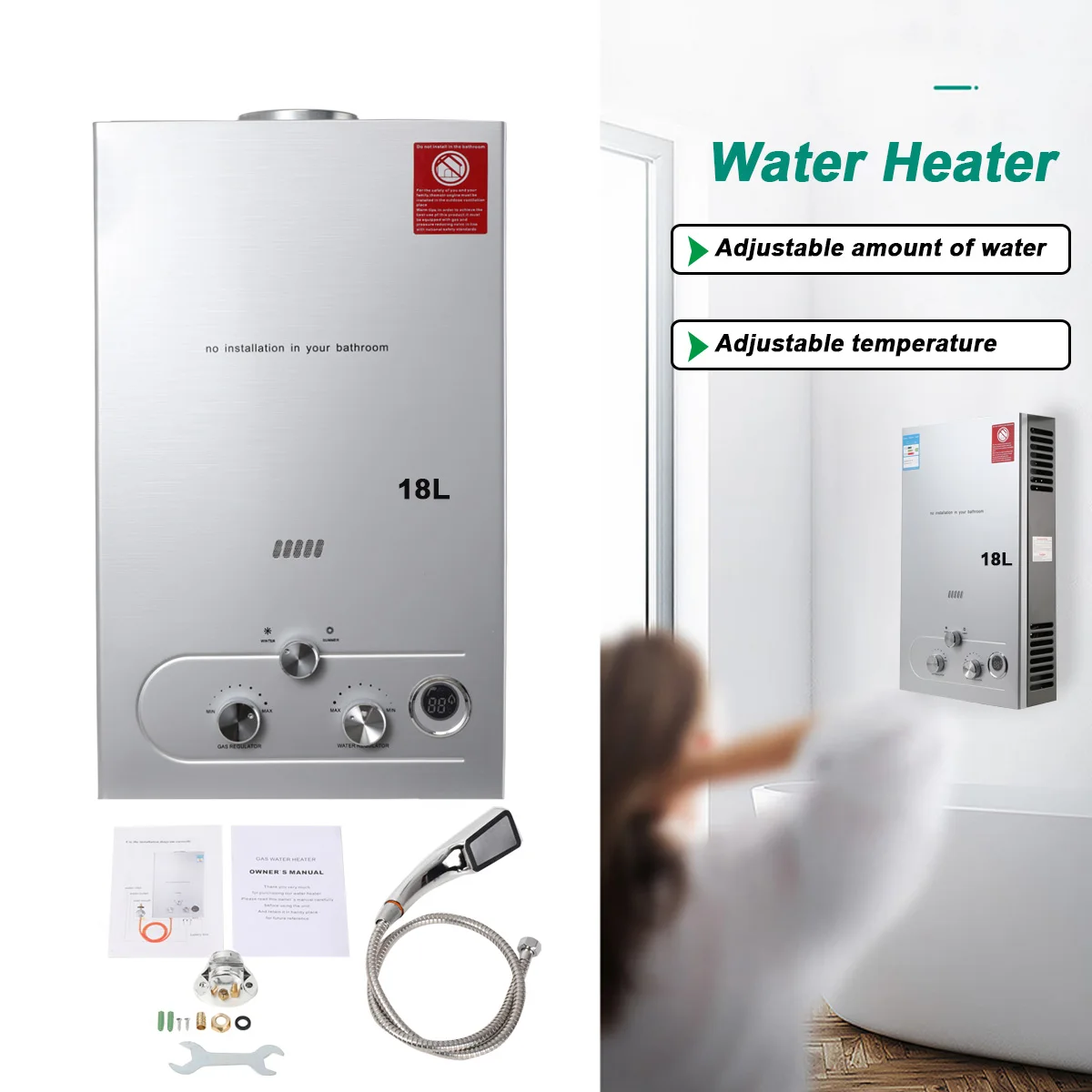 18L Liquid Propane Gas Home Appliance Water Heater 36KW Outdoor Camping Portable Tankless Instant Hot Water Heater With Shower Head Kit