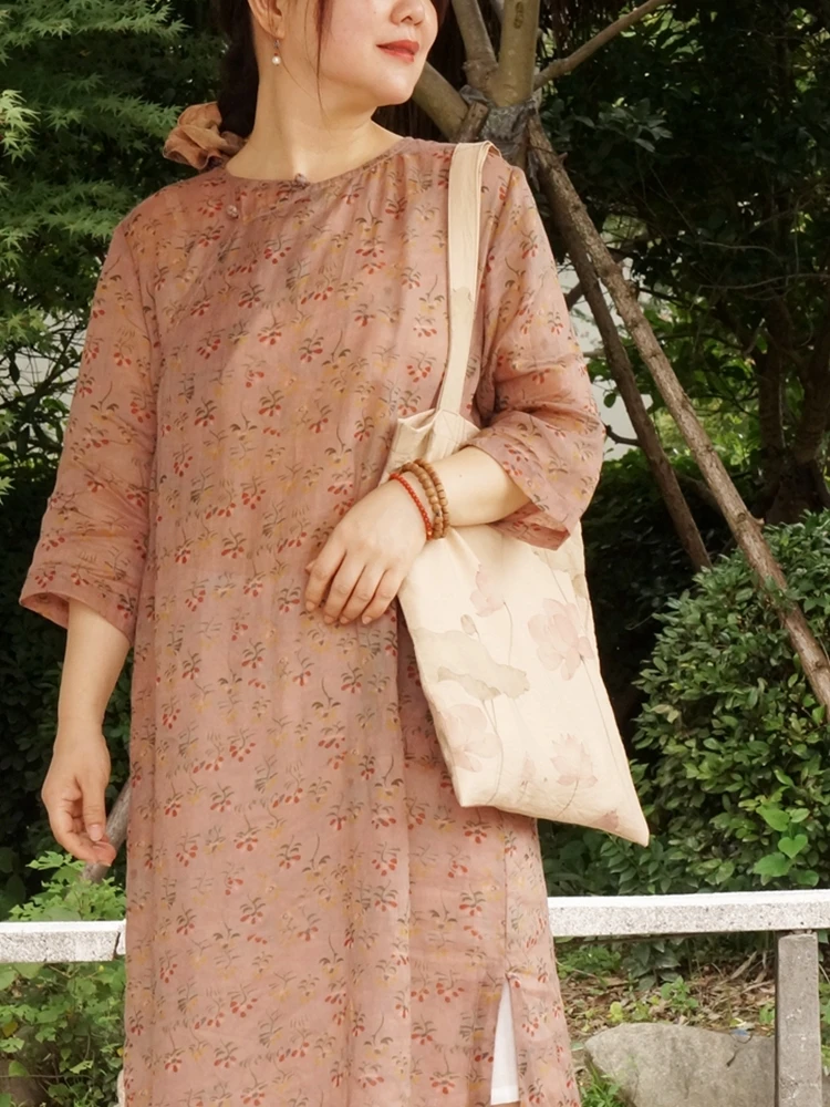 

Light Chinese Sle Floral Print Cotton Linen Women's Summer Dr Asymmetrical Slit Sve Length Seven Casual Wear