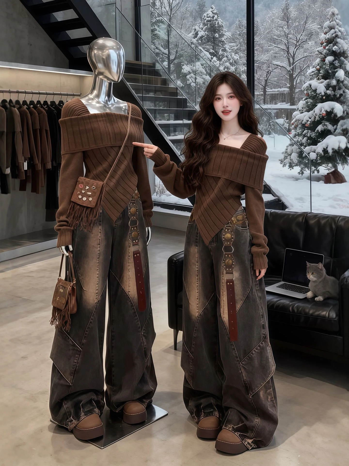 

plus Size Winter Faion Knitwear Top And Wide Leg Jeans Set for Women Retro Sle Comfortable Fit High Waist Trousers