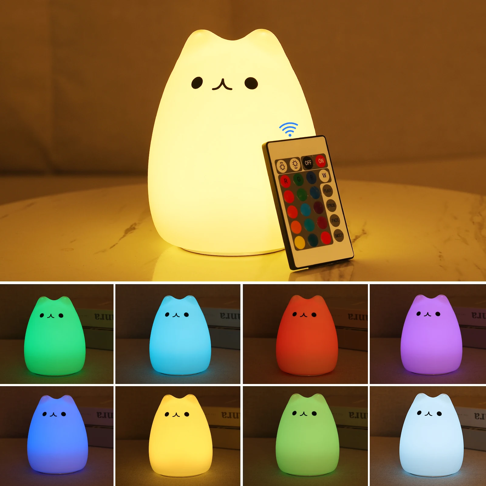 Cute Silicone LED Night Light For Baby Kids Children Bedroom Touch Sensor Remote Cat Lamp Decoration Room Decor Holiday Gift Toy