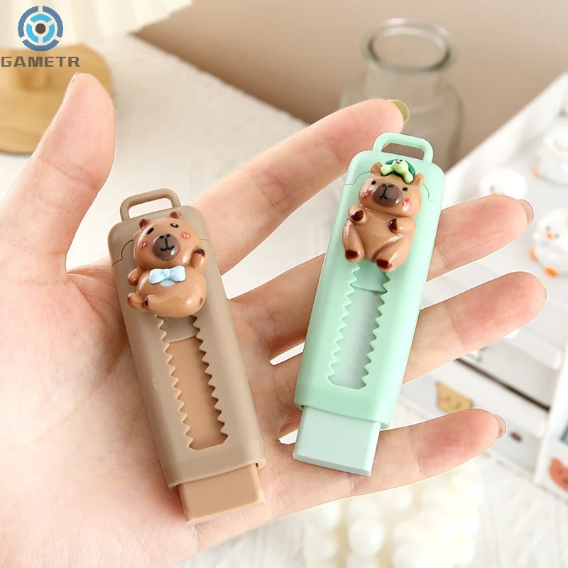 Kawaii Aesthetic Stationery Office Supplies Cute Creative Capybara Push Pull borrador divertido portátil sin huellas, goma de limpieza