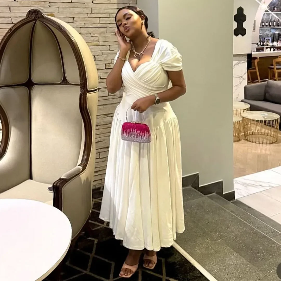 

Женское платье больших размеров для вечеринки с пышными рукавами и воротником-сердечком, плиссированное трапециевидное однотонное винтажное элегантное свадебное платье с коротким рукавом для гостей