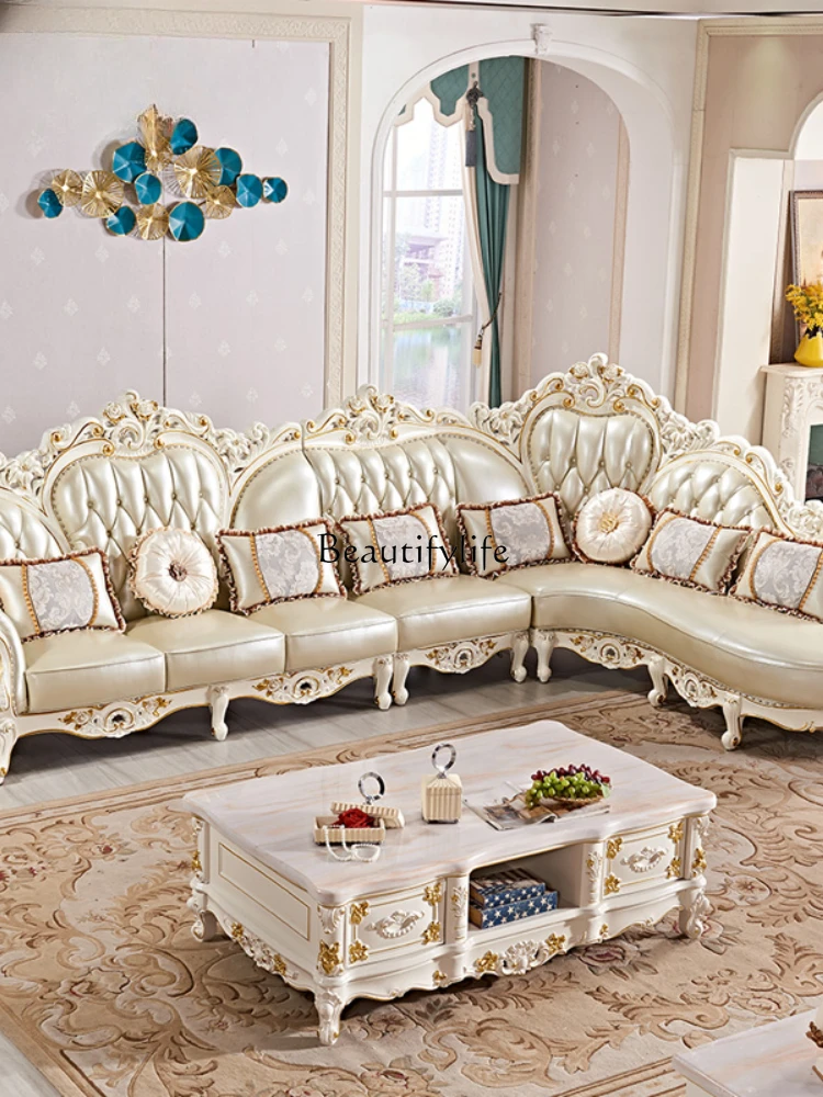 European all-solid wood corner large apartment combination L-shaped gold-painted first-layer leather concubine sofa