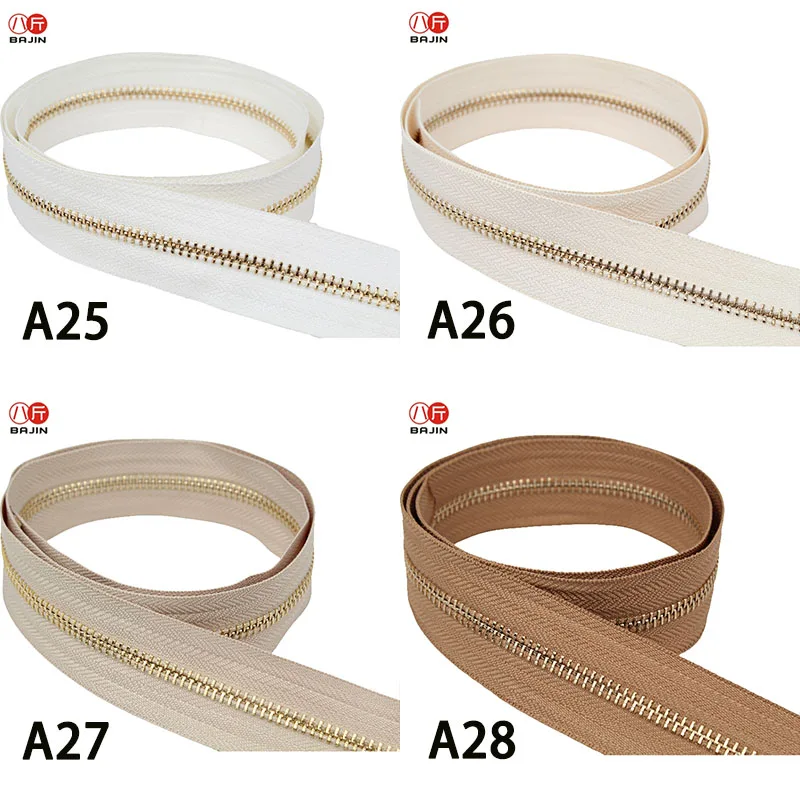 golden  copper chain teeth zipper single open-end off white creamy-white khaki brown coffee dark coffee  zipper roll