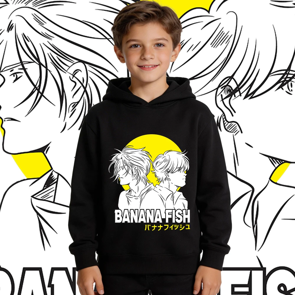 Banana Fish Anime Print Boys Girls Fleece Lined Hoodie Kids Fall Winter Warm Pullover Hooded Sweatshirt Soft Casual Wear