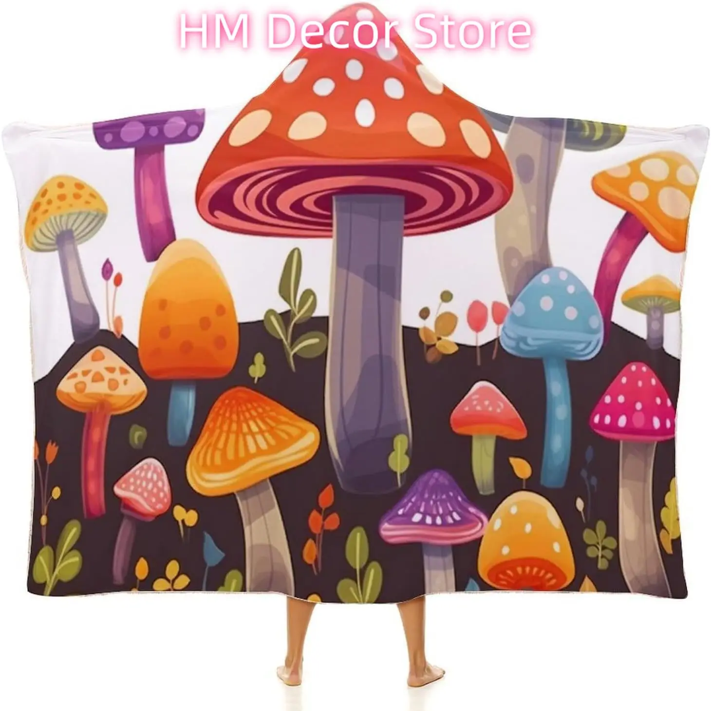 Colorful Mushroom Wearable Hooded Blanket, Ultra Soft Arctic Velvet Cape Cloak Unisex - Cozy Wearable Blanket