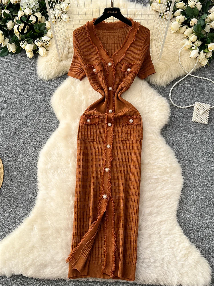 SINGREINY High Quality Elastic Knitted Long Sundress Women Short Sleeves Button Design Office Lady Vintage Split Slim Dress