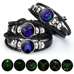 Luminous 12 Zodiac Constellation Sign Braided Couples Leather Bracelet For men Black Rope Charm Party Grow in the dark Jewelry