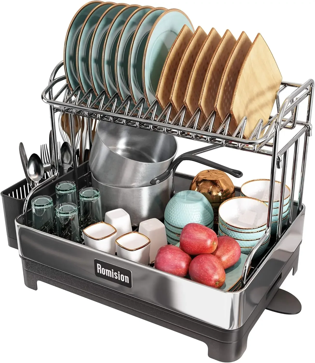 

romision Dish Drying Rack, 304 Stainless Steel 2 Tier Large Dish Rack and Drainboard Set with Swivel Spout Drainage Full Size