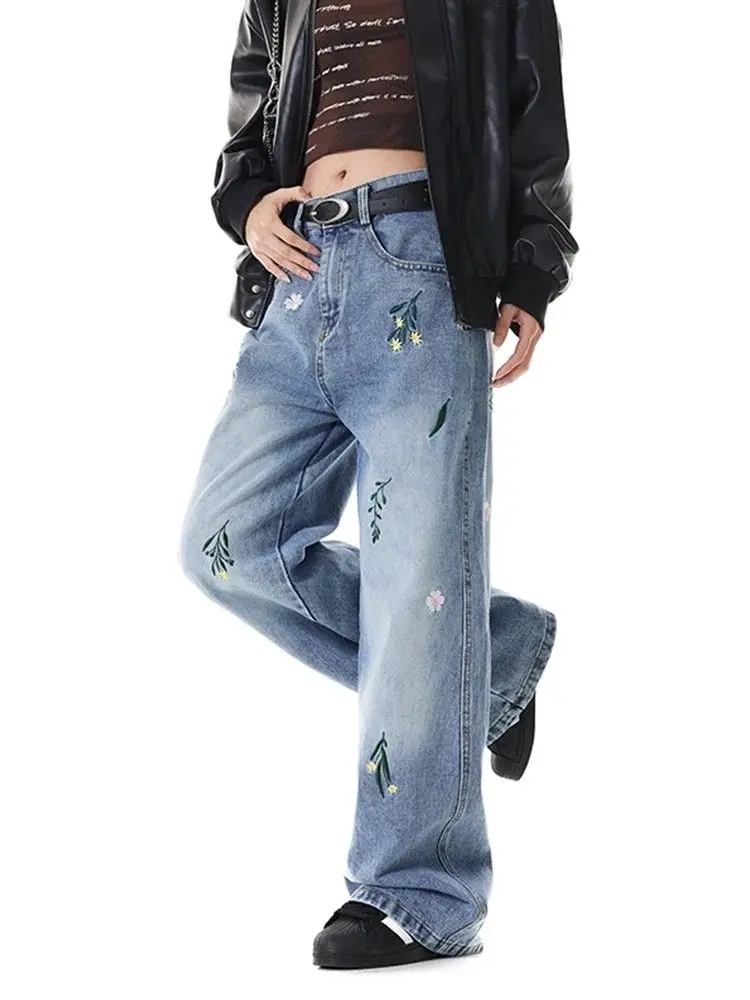 Pantaloni jeans larghi in denim casual ricamato blu da donna Y2K American High Street Harajuku estetica vintage a gamba larga