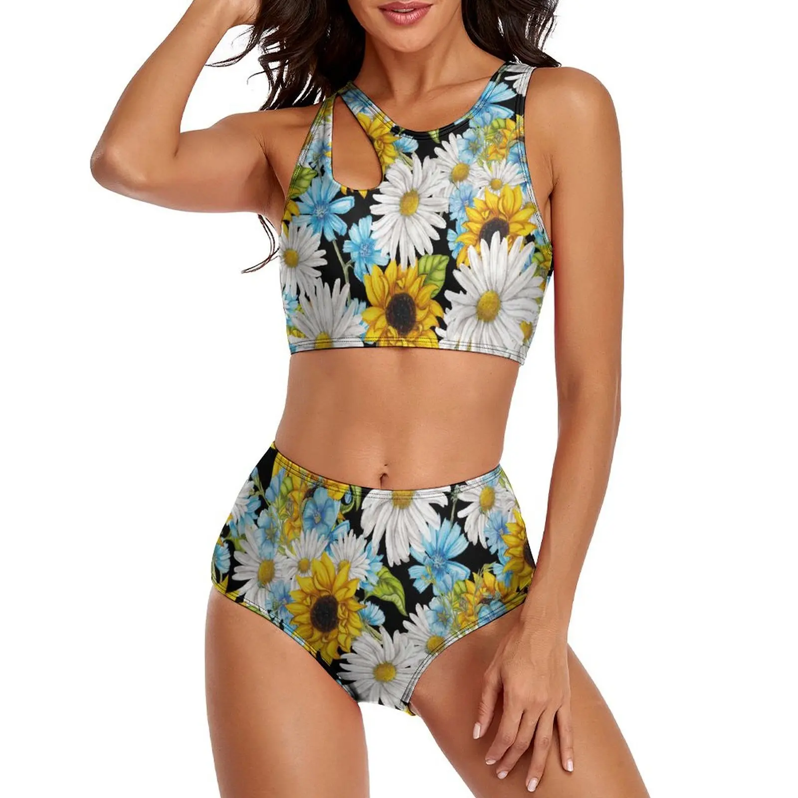 

Yellow Sunflower Art Bikini Swimsuit Colorful Floral Print High Waist Swimwear Sexy Novelty Bikinis Set Push Up Beach Outfits