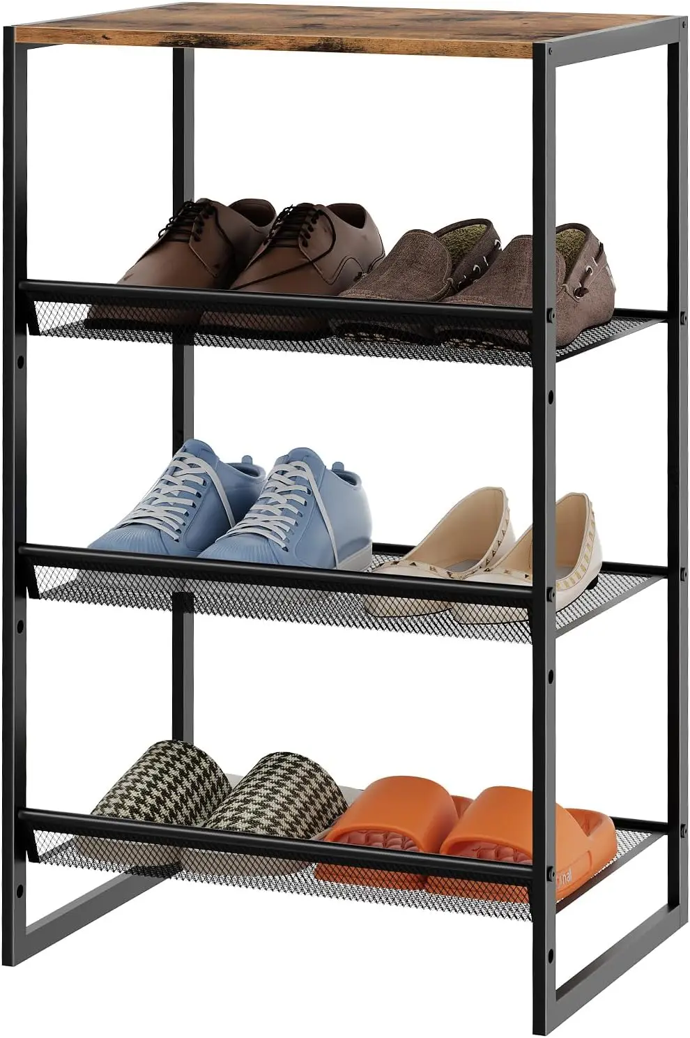 

4-Tier Narrow Shoe Rack, Adjustable Metal Shelf, Wooden Top, Stackable Entryway Organizer