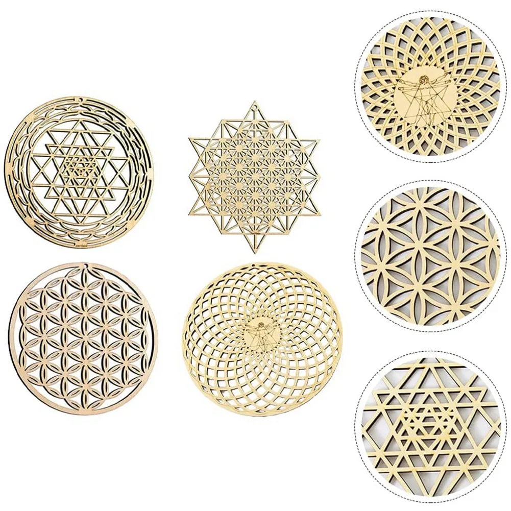 AA80-4Pcs الهندسة المقدسة جدار الفن زهرة الحياة شبكة لهجة خشبية ديكور خشبي كريستال شبكة مجلس جدار خشبي النحت