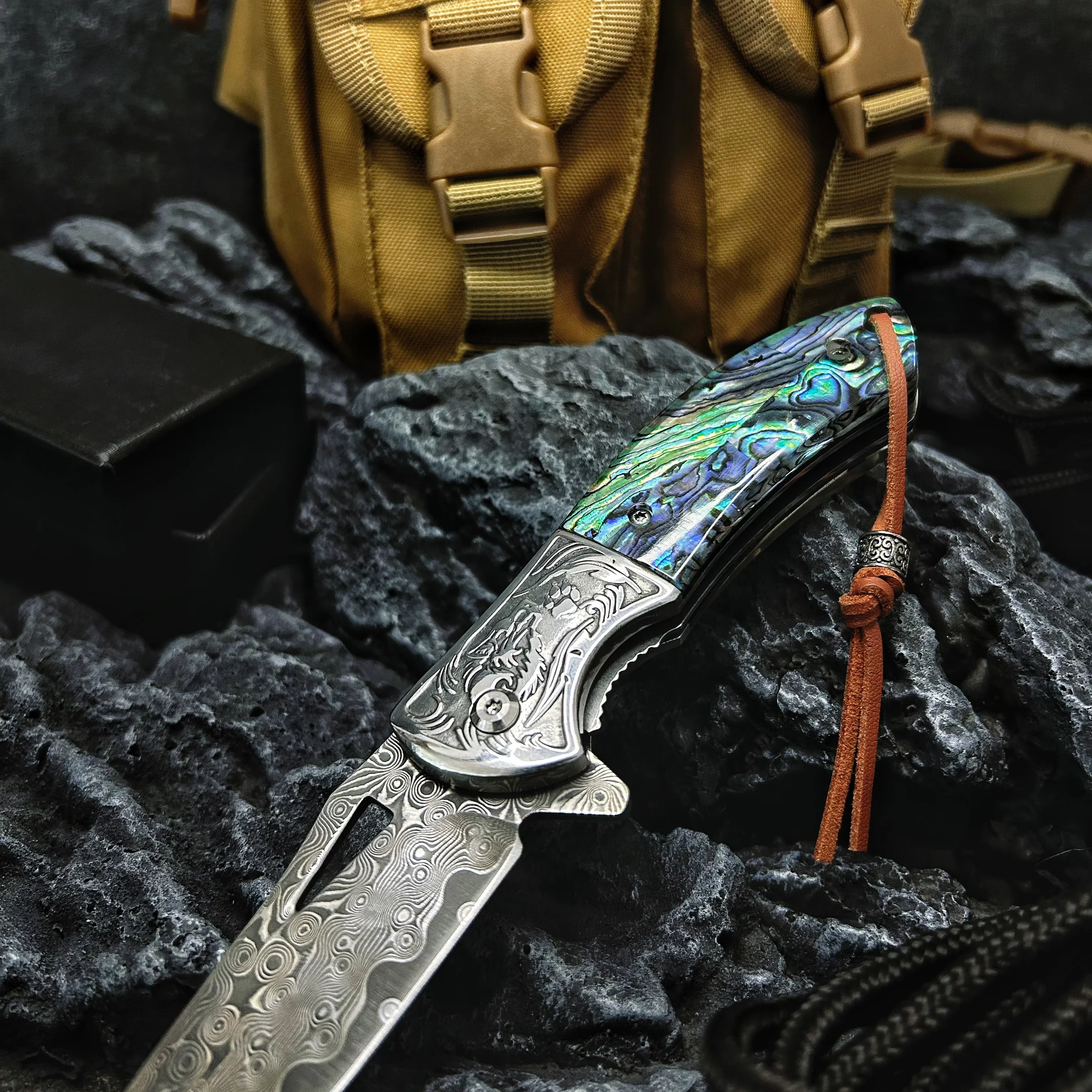 Outdoor Damascus Foldableing Knife, Colorful Shell Handle, Multifunctional Knife, Fruit Knife, Meat Cleaver, Outdoor Camping