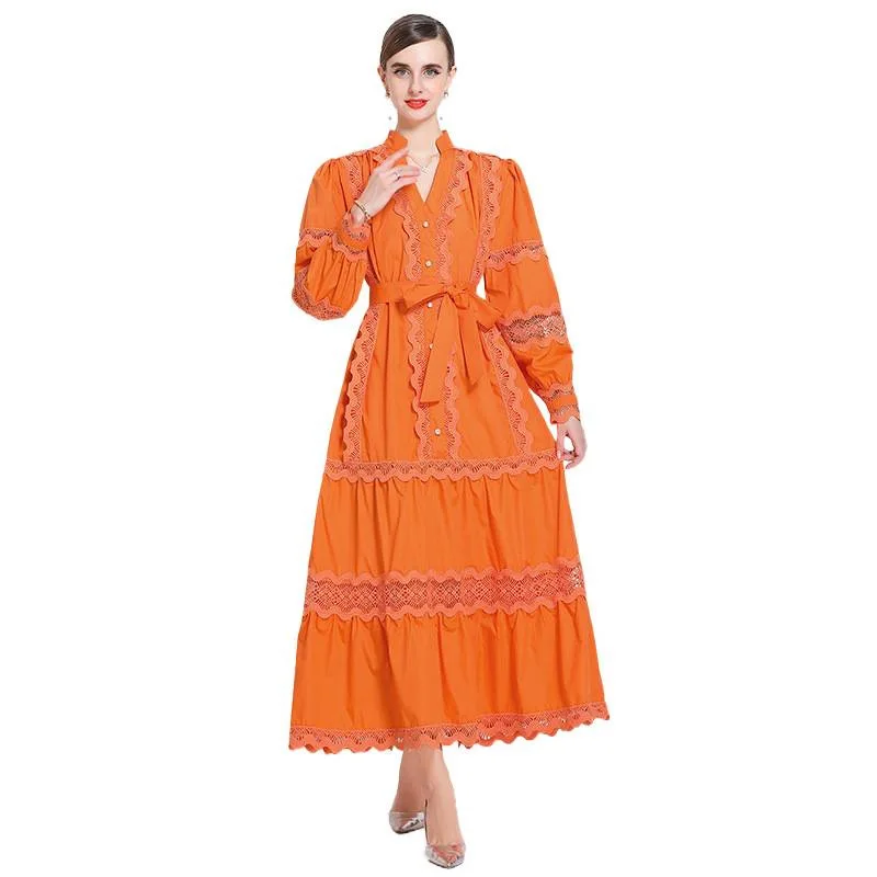 Ele Court Sle Aラインスカート、中空レースロングスリーブVネック、スリムデザイン、秋冬ストリートファッション向け